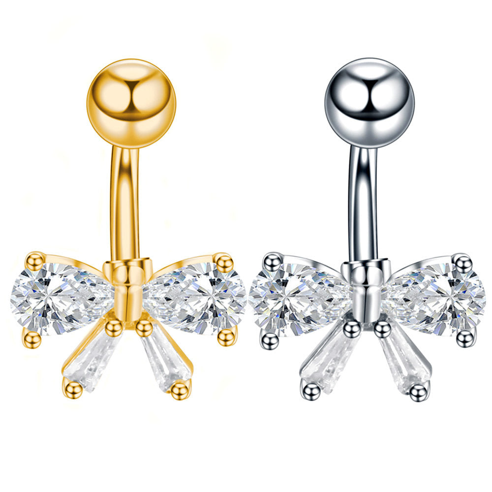 Stainless Steel Bow Navel Stud with Zircon – Elegant Belly Button Piercing Jewelry