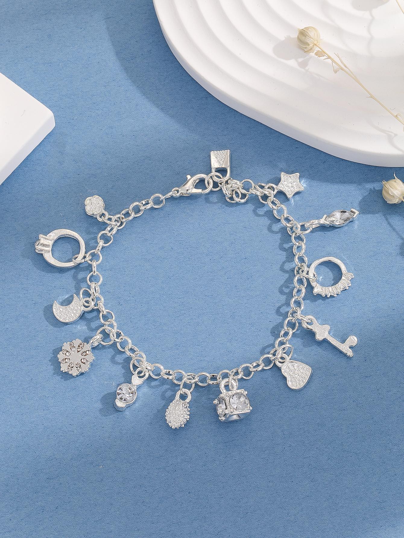 Boho Silver Plated Copper Charm Bracelet – Fashion Jewelry with 13 Unique Pendants, Trendy Multi-Element Design