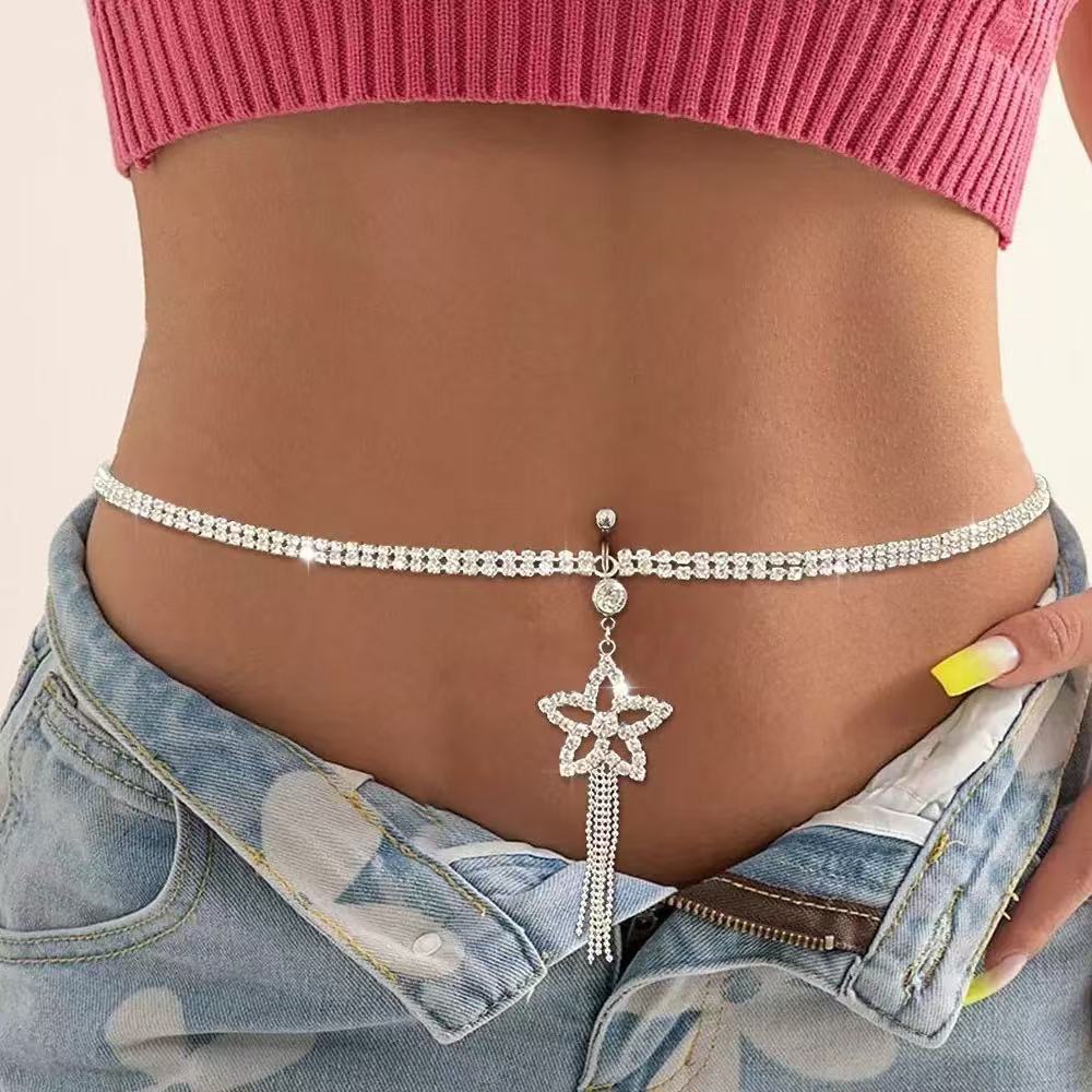 Rhinestone Tassel Belly Ring Waist Chain – Heart, Star & Butterfly Navel Piercing Body Jewelry for Women
