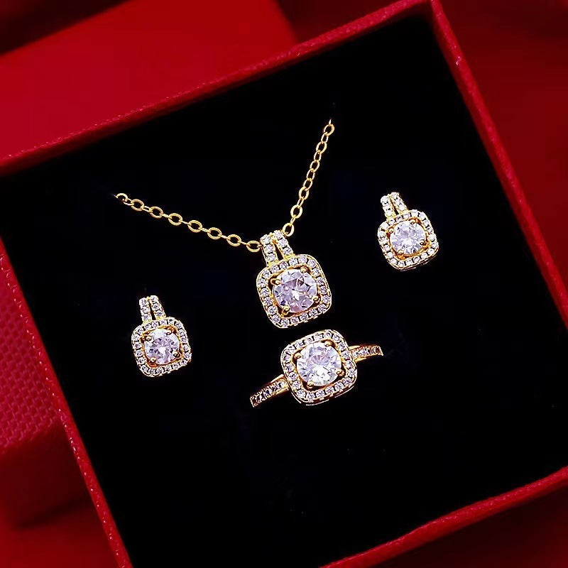 Gold Zircon Jewelry Set for Women – Pendant Necklace, Stud Earrings & Statement Ring