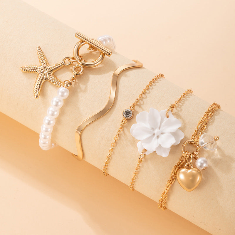 5-Piece White Flower & Starfish Pearl Bracelet Set – Summer Beach Jewelry for Women