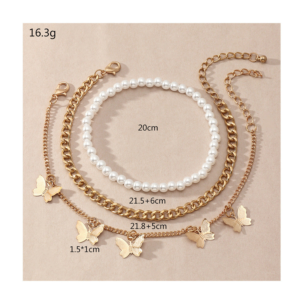 Butterfly Charm Anklet – Retro Pearl & Chain Design