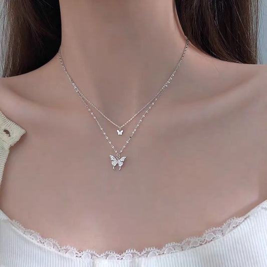Double Layer Butterfly Sterling Silver Necklace for Women – Elegant & Dainty Design