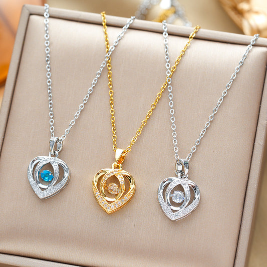 Fashion Dancing Heart Love Necklace with Rhinestones – Creative Clavicle Chain for Valentine’s Day