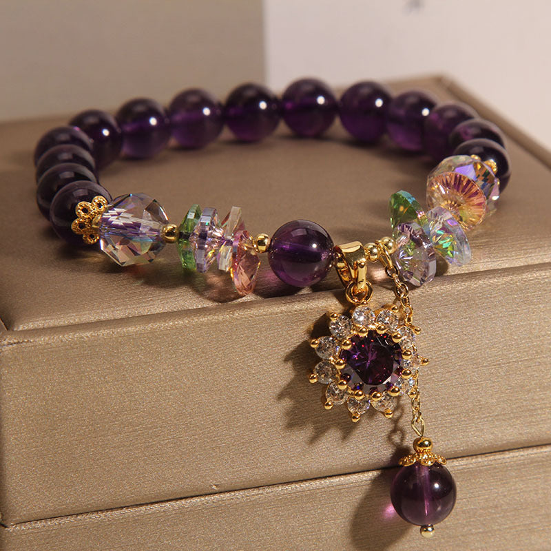 Vintage Amethyst Bracelet with Micro-Inlaid Sunflower Pendant – Elegant Retro Style for Women