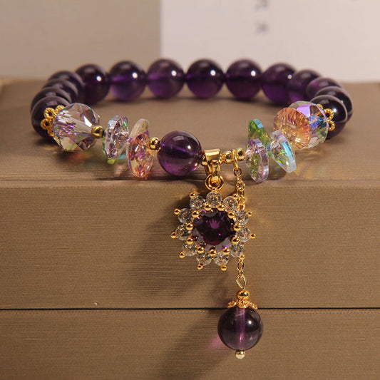 Vintage Amethyst Bracelet with Micro-Inlaid Sunflower Pendant – Elegant Retro Style for Women
