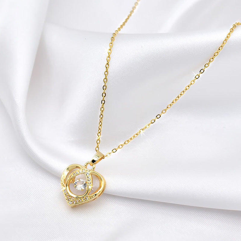 Fashion Dancing Heart Love Necklace with Rhinestones – Creative Clavicle Chain for Valentine’s Day