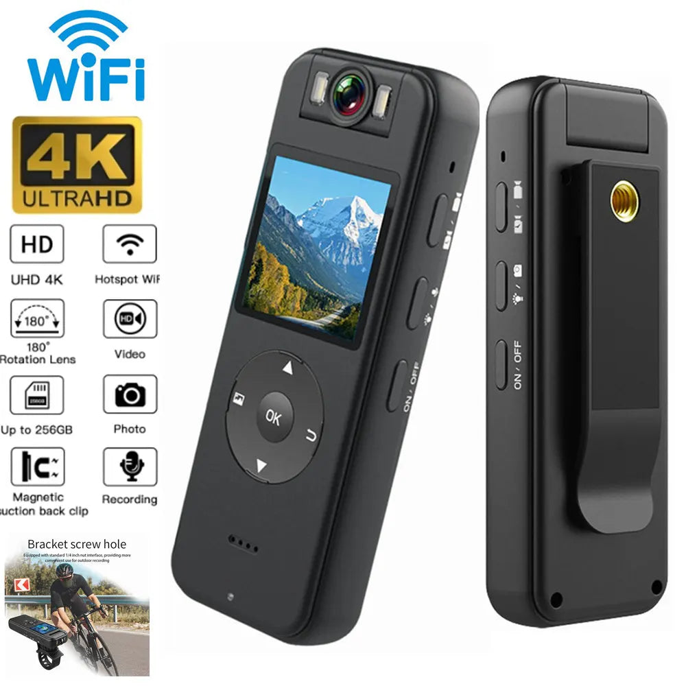 4K WiFi Outdoor Sports Action Camera – 180° Rotating Lens, Magnetic Clip, Wireless Recording & Waterproof Design for Cycling, Driving, and Motorcycle Riding