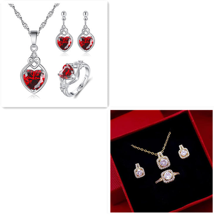 Gold Zircon Jewelry Set for Women – Pendant Necklace, Stud Earrings & Statement Ring