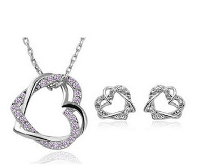 Yiwu Fashion Jewelry Factory Customized Double Diamond Heart Necklace & Earring Set