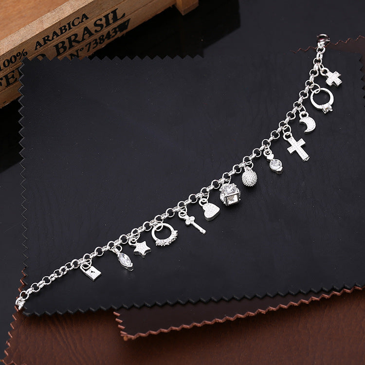Boho Silver Plated Copper Charm Bracelet – Fashion Jewelry with 13 Unique Pendants, Trendy Multi-Element Design