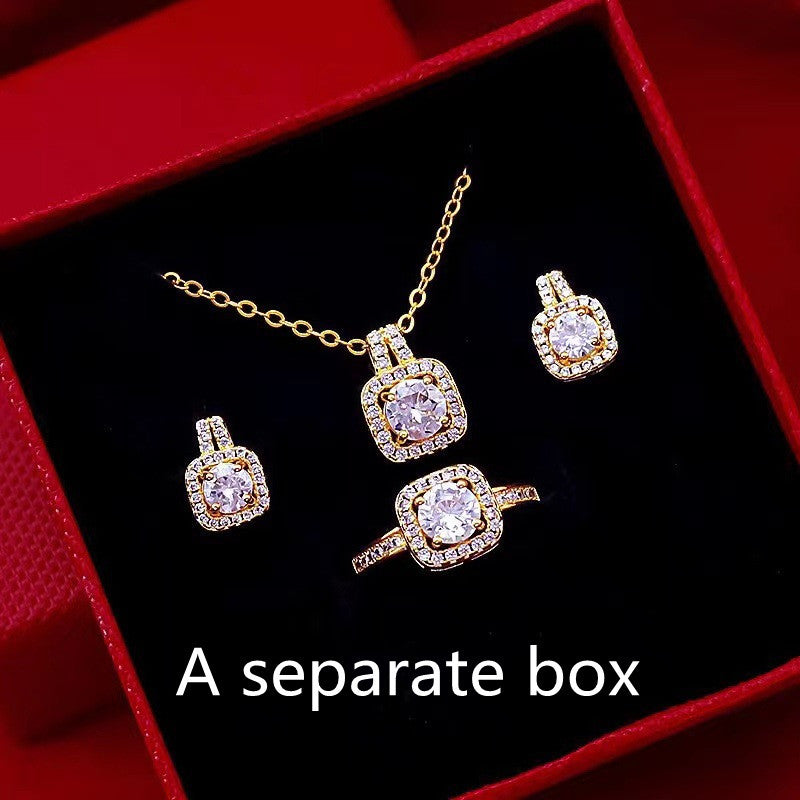 Gold Zircon Jewelry Set for Women – Pendant Necklace, Stud Earrings & Statement Ring