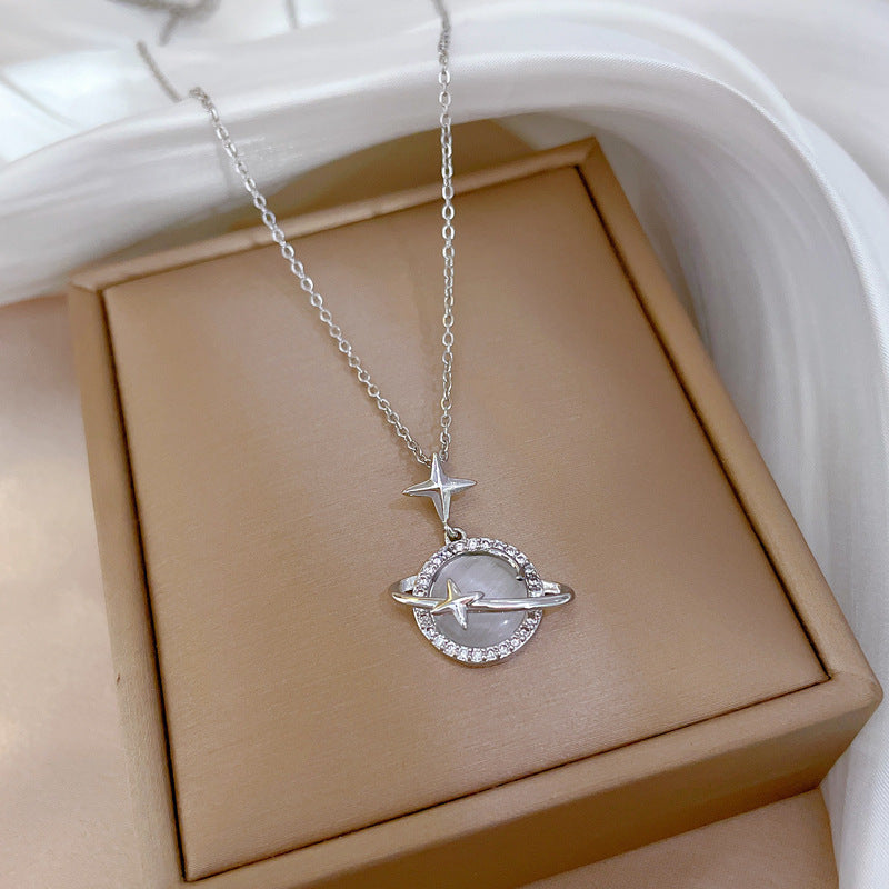 Women’s Light Luxury Opal Planet Necklace – Real Gold Micro-Inlaid Pendant Jewelry, Elegant Gift for Her