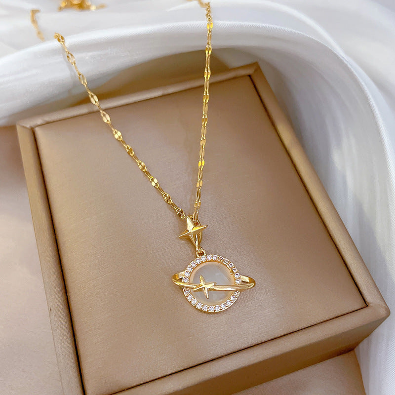Women’s Light Luxury Opal Planet Necklace – Real Gold Micro-Inlaid Pendant Jewelry, Elegant Gift for Her