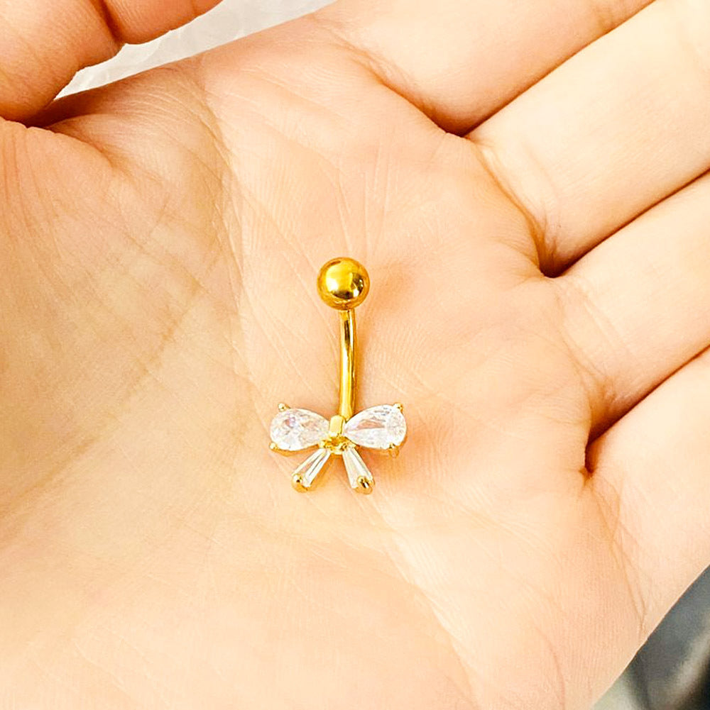 Stainless Steel Bow Navel Stud with Zircon – Elegant Belly Button Piercing Jewelry