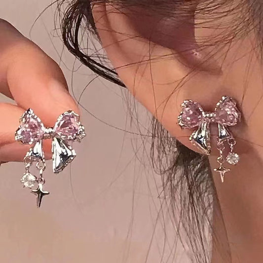 Women's Diamond Bow Stud Earrings – Elegant Zircon Crystal Jewelry