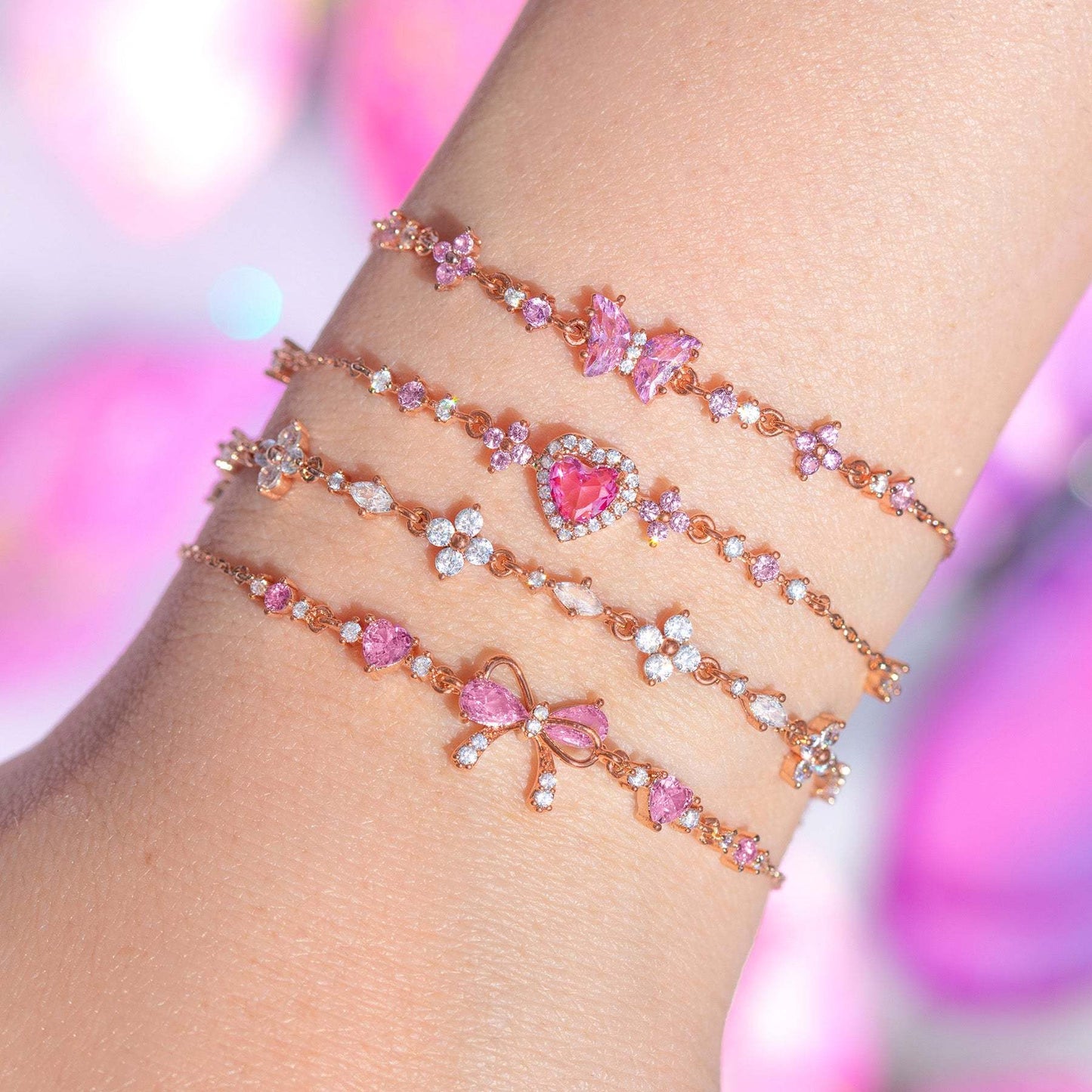Sweet Bow Heart Rhinestone Chain Bracelet – Y2K Inspired Valentine's Day Fashion