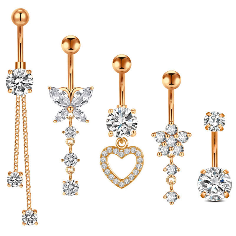 4G Stainless Steel Heart-Shaped Zircon Belly Ring with Butterfly Pendant – Women's Navel Piercing Jewelry