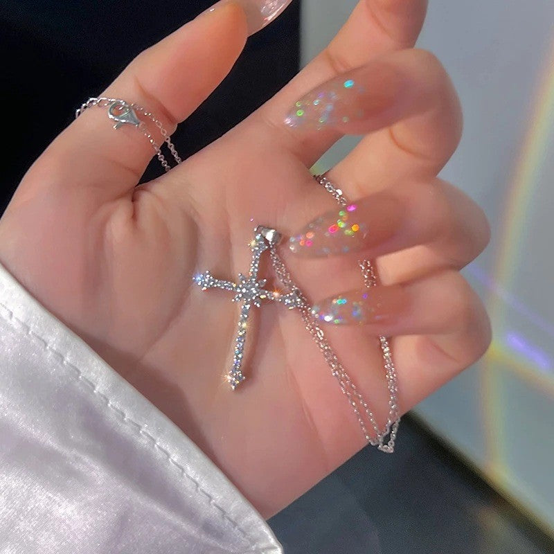 Women's Asterism-Inspired Cross Necklace – Elegant Zircon & Rhinestone Detail