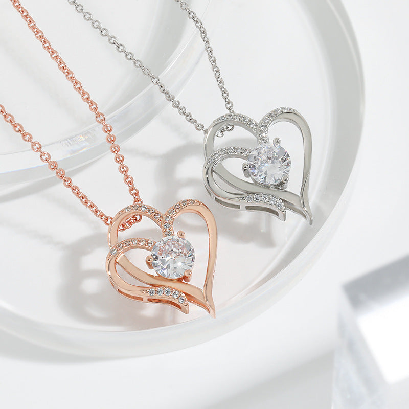 Personalized Double Heart Zircon Necklace – Sparkling Rhinestone Clavicle Chain for Women