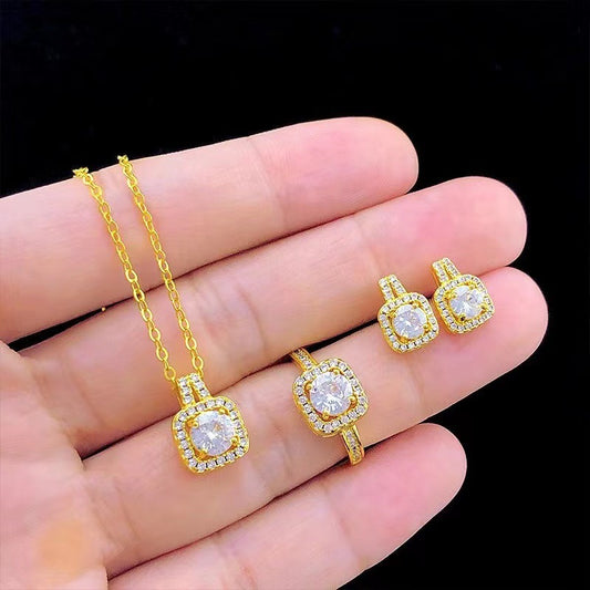 Gold Zircon Jewelry Set for Women – Pendant Necklace, Stud Earrings & Statement Ring