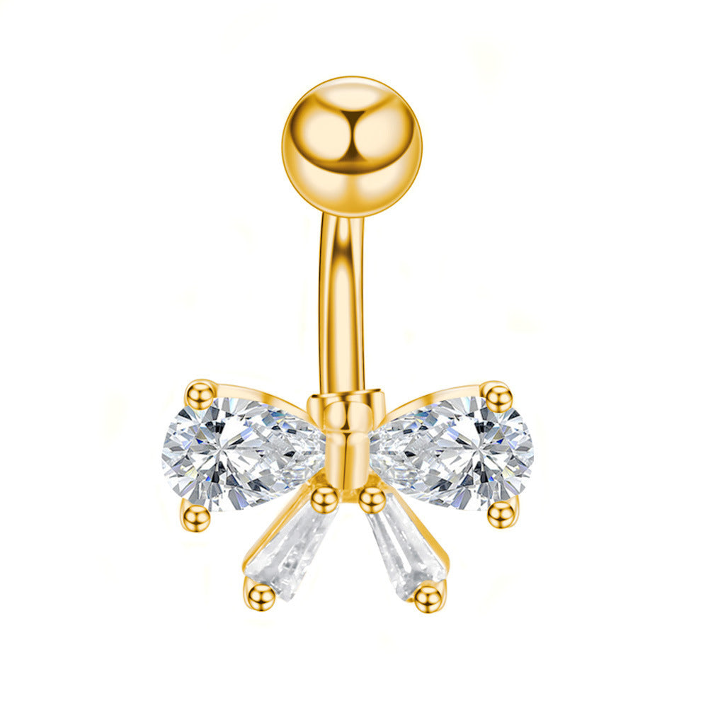 Stainless Steel Bow Navel Stud with Zircon – Elegant Belly Button Piercing Jewelry