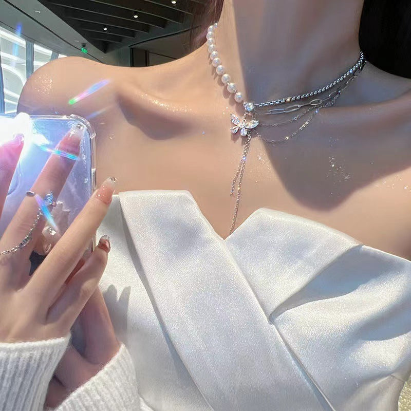 Elegant Butterfly Tassel Necklace – Pearl & Zircon Stitching, High-Grade Design