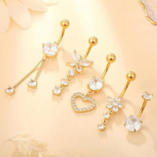 4G Stainless Steel Heart-Shaped Zircon Belly Ring with Butterfly Pendant โ Women's Navel Piercing Jewelry