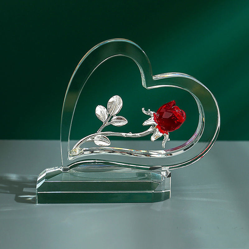Heart-Shaped Crystal Rose Ornament – Romantic Glass Flower Statue with Gift Box, Perfect for Valentine’s Day, Anniversary, or Wedding Gift