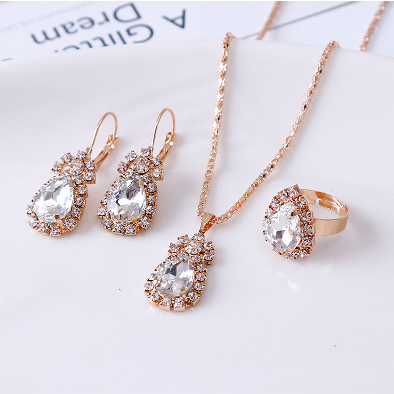 Elegant Water Drop Rhinestone Jewelry Set – Necklace, Earrings & Ring