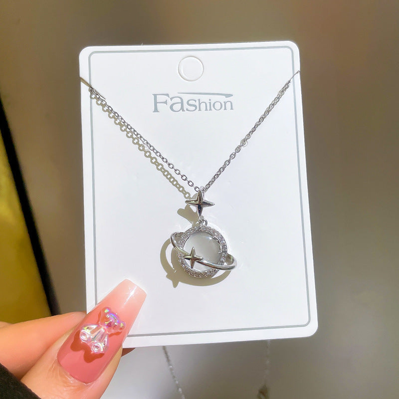 Women’s Light Luxury Opal Planet Necklace – Real Gold Micro-Inlaid Pendant Jewelry, Elegant Gift for Her