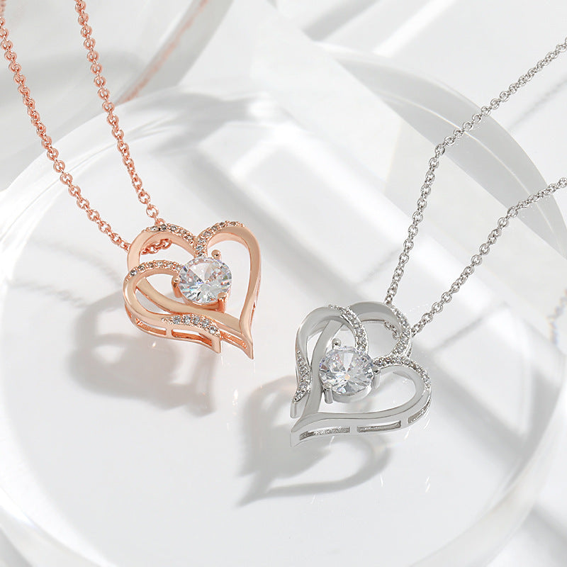 Personalized Double Heart Zircon Necklace – Sparkling Rhinestone Clavicle Chain for Women
