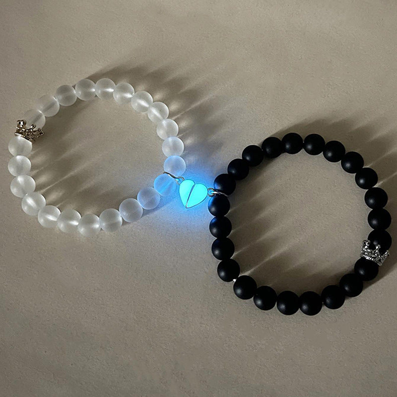 2pcs Handmade Glow-in-the-Dark Couple Bracelets – Crown & Luminous Heart Beaded Charms for Men & Women | Romantic Fluorescent Jewelry Gift