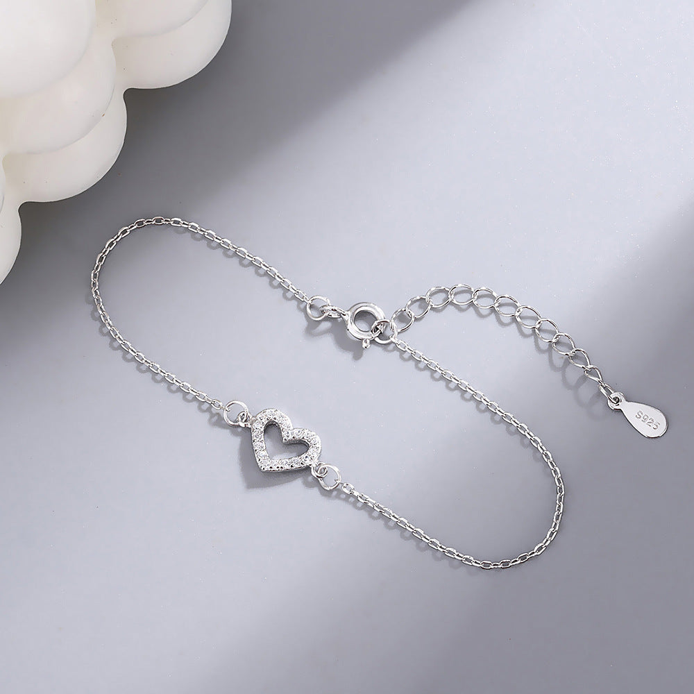 S925 Sterling Silver Diamond Love Anklet – Elegant Women’s Jewelry, Adjustable Heart Charm Foot Chain