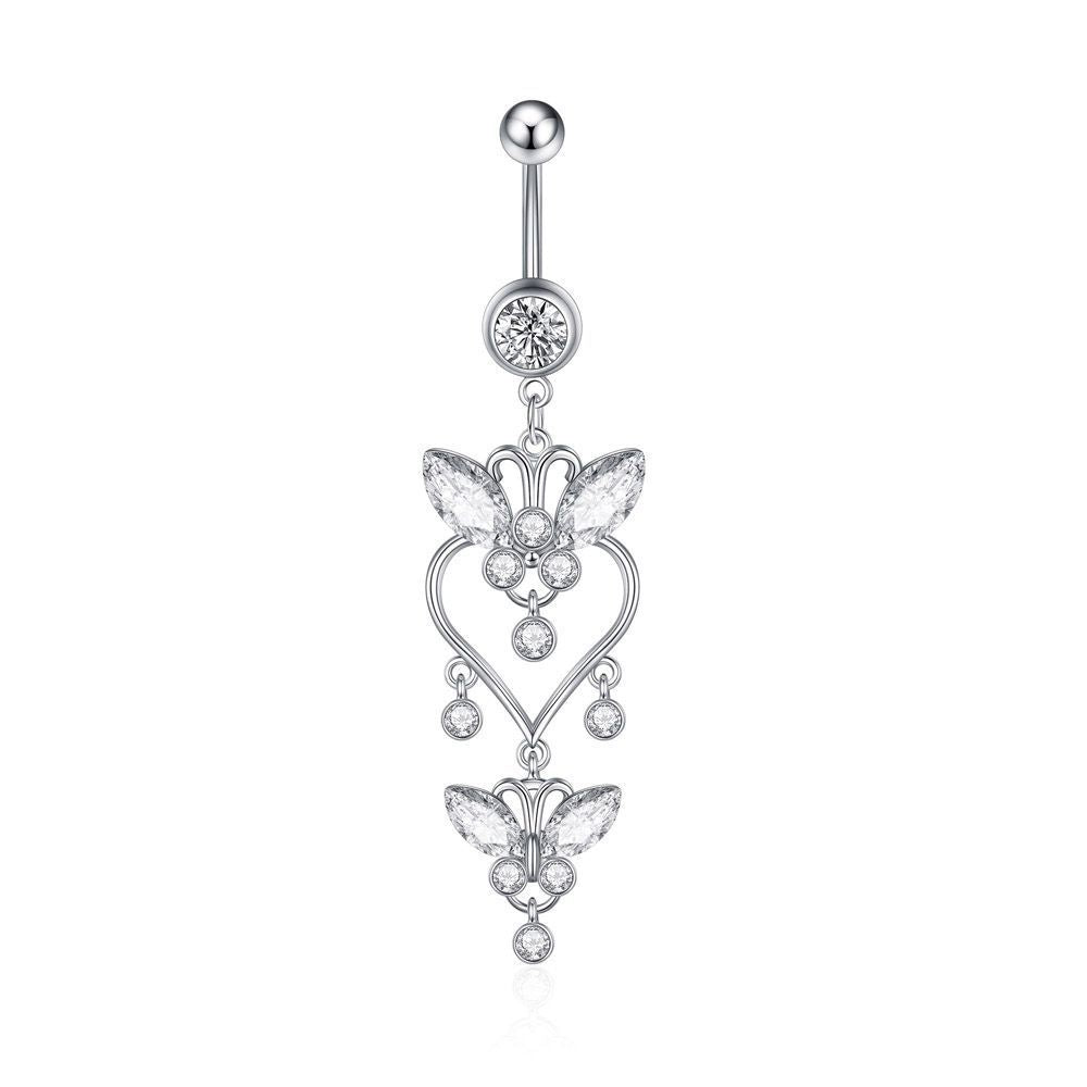 Butterfly Zircon Tassel Belly Button Ring – Trendy Stainless Steel Navel Piercing Jewelry for Women