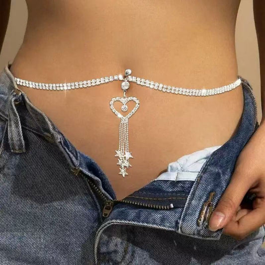 Rhinestone Tassel Belly Ring Waist Chain – Heart, Star & Butterfly Navel Piercing Body Jewelry for Women