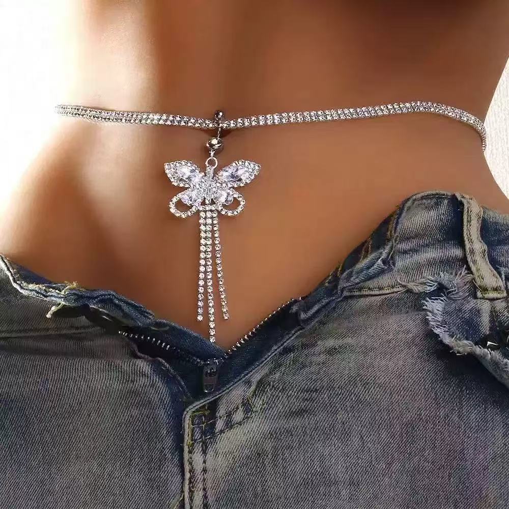 Rhinestone Tassel Belly Ring Waist Chain – Heart, Star & Butterfly Navel Piercing Body Jewelry for Women