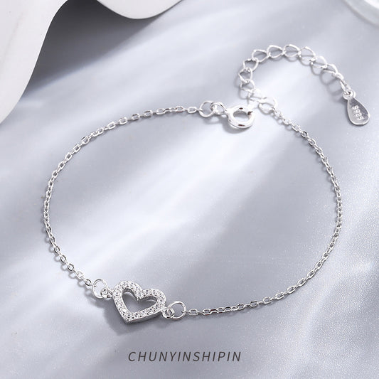 S925 Sterling Silver Diamond Love Anklet – Elegant Women’s Jewelry, Adjustable Heart Charm Foot Chain