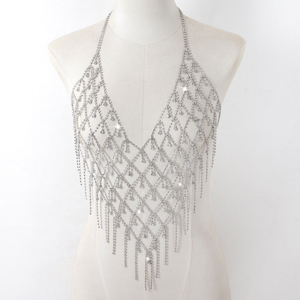 Retro Rhinestone Body Chain for Women – Glamorous Tassel Chest Necklace for Bikini, Festivals & Nightlife