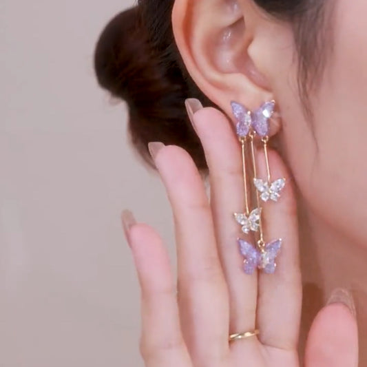 "High-End Crystal Butterfly Tassel Earrings – Elegant Niche Women's Jewelry"