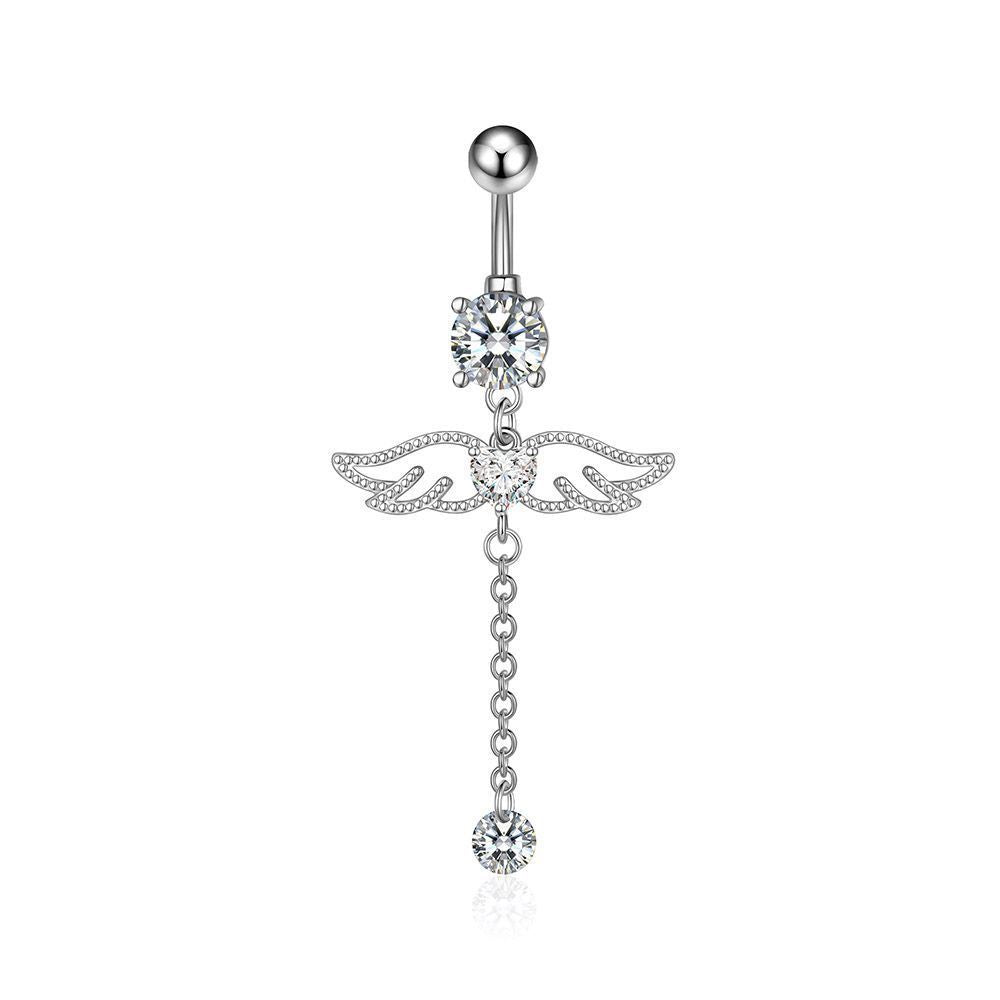 Butterfly Zircon Tassel Belly Button Ring – Trendy Stainless Steel Navel Piercing Jewelry for Women