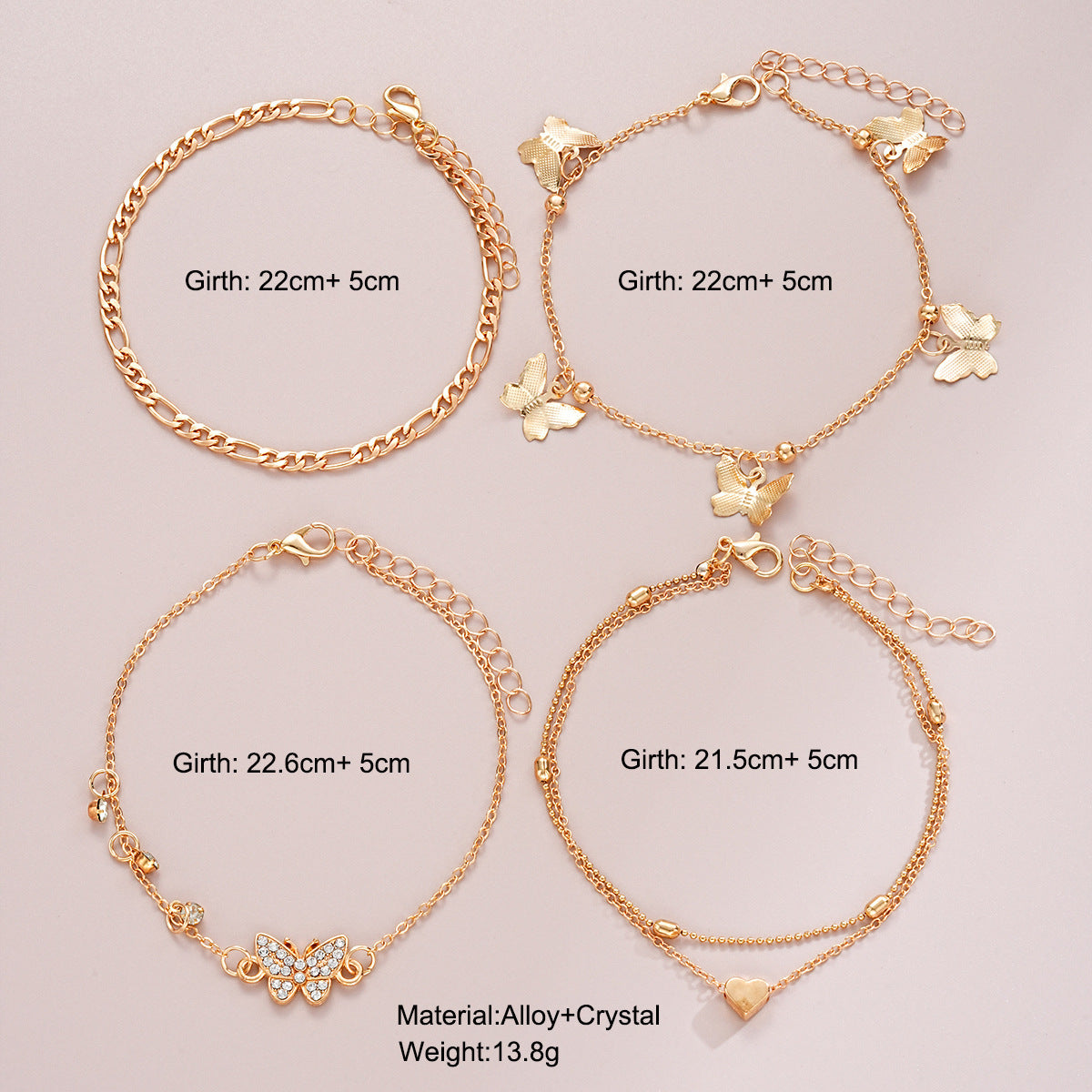 Butterfly Heart Anklet Set – 4-Piece Elegant Beaded Chain for Women