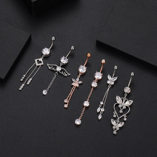 Butterfly Zircon Tassel Belly Button Ring โ Trendy Stainless Steel Navel Piercing Jewelry for Women