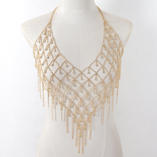 Retro Rhinestone Body Chain for Women – Glamorous Tassel Chest Necklace for Bikini, Festivals & Nightlife
