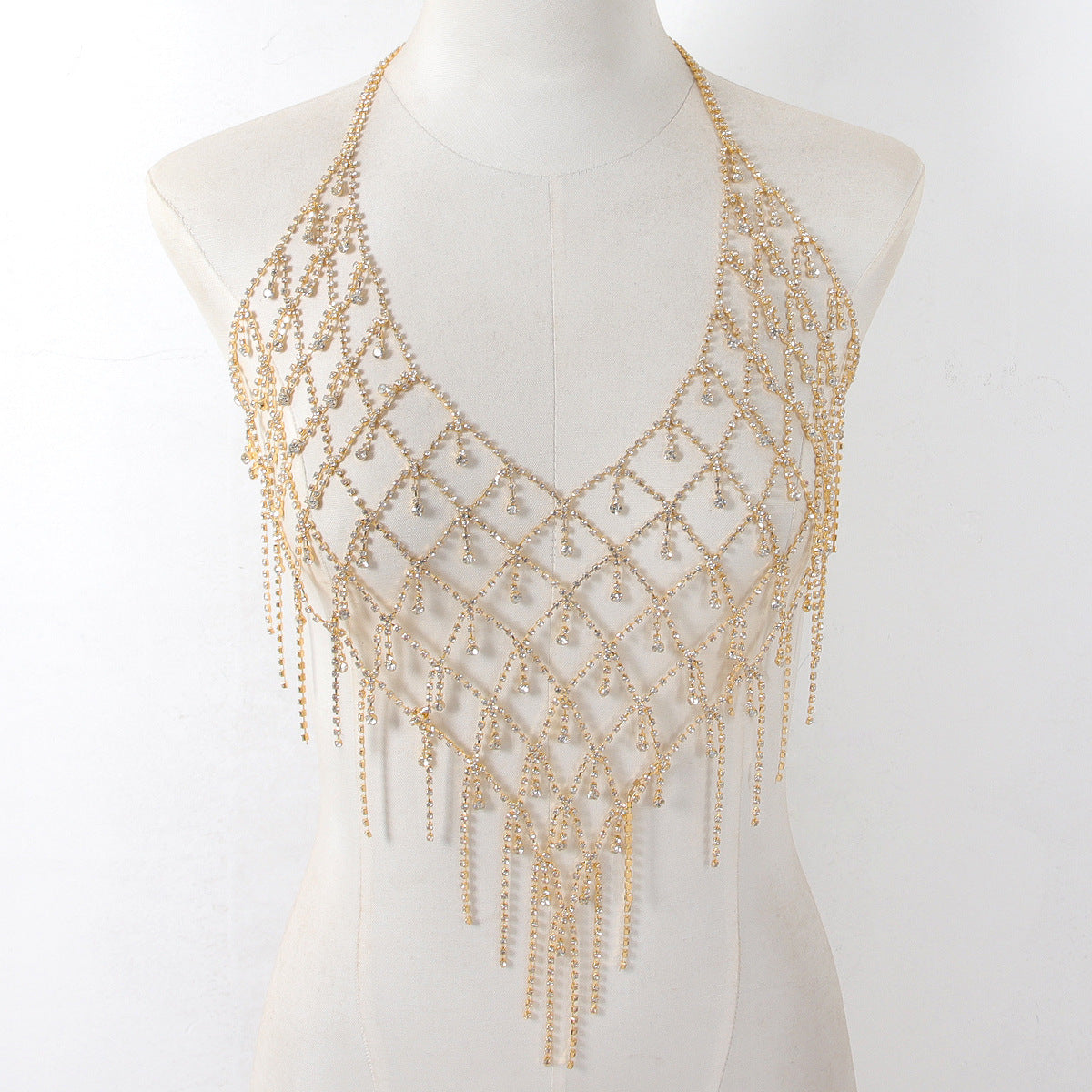 Retro Rhinestone Body Chain for Women – Glamorous Tassel Chest Necklace for Bikini, Festivals & Nightlife