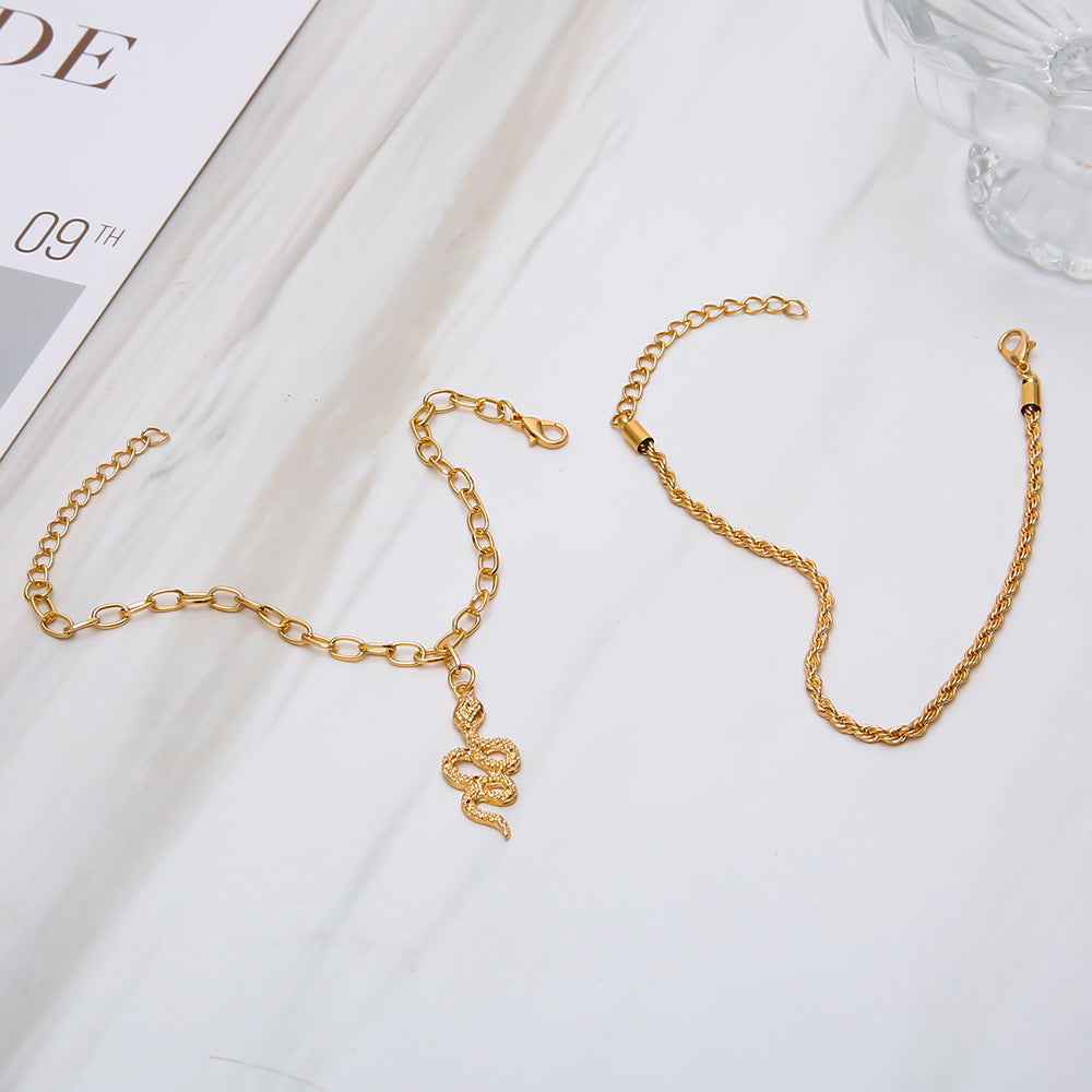 Fashion Snake Pendant Anklet – Double Circle Chain Twist Design for Women