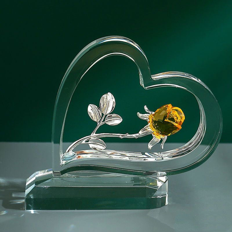 Heart-Shaped Crystal Rose Ornament – Romantic Glass Flower Statue with Gift Box, Perfect for Valentine’s Day, Anniversary, or Wedding Gift