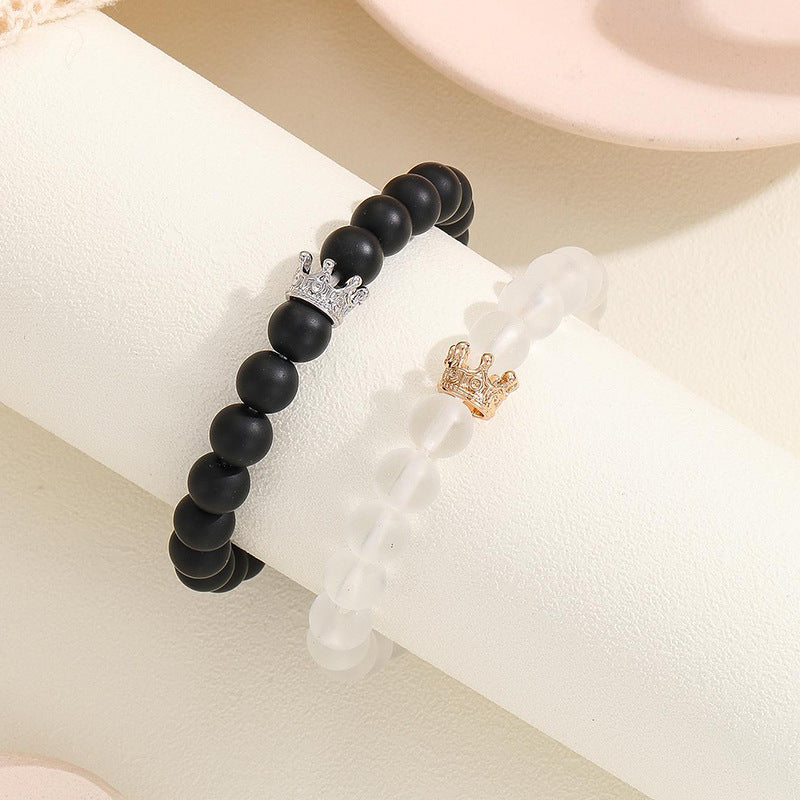 2pcs Handmade Glow-in-the-Dark Couple Bracelets – Crown & Luminous Heart Beaded Charms for Men & Women | Romantic Fluorescent Jewelry Gift