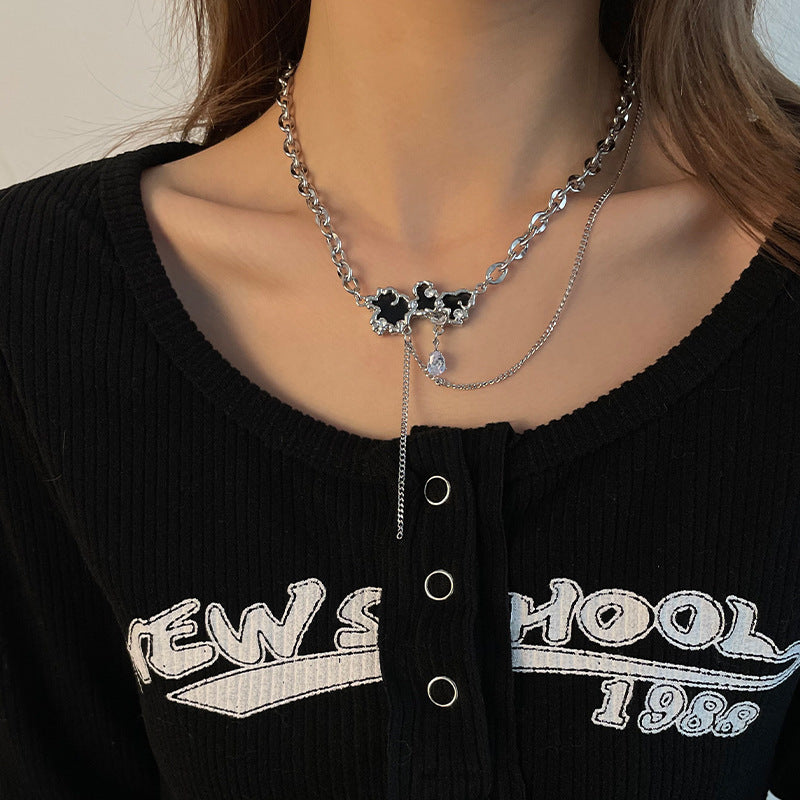 Black Auspicious Cloud Pendant Necklace with Zircon – Unique Statement Design