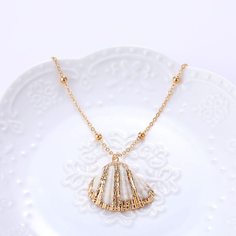 Ins Style Women’s Beach Shell Pendant Necklace – Gold-Plated Edge Conch Design